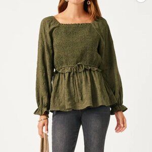 Hayden Los Angeles Smocked Green Textured Blouse Top Square Neck Elastic Waist M